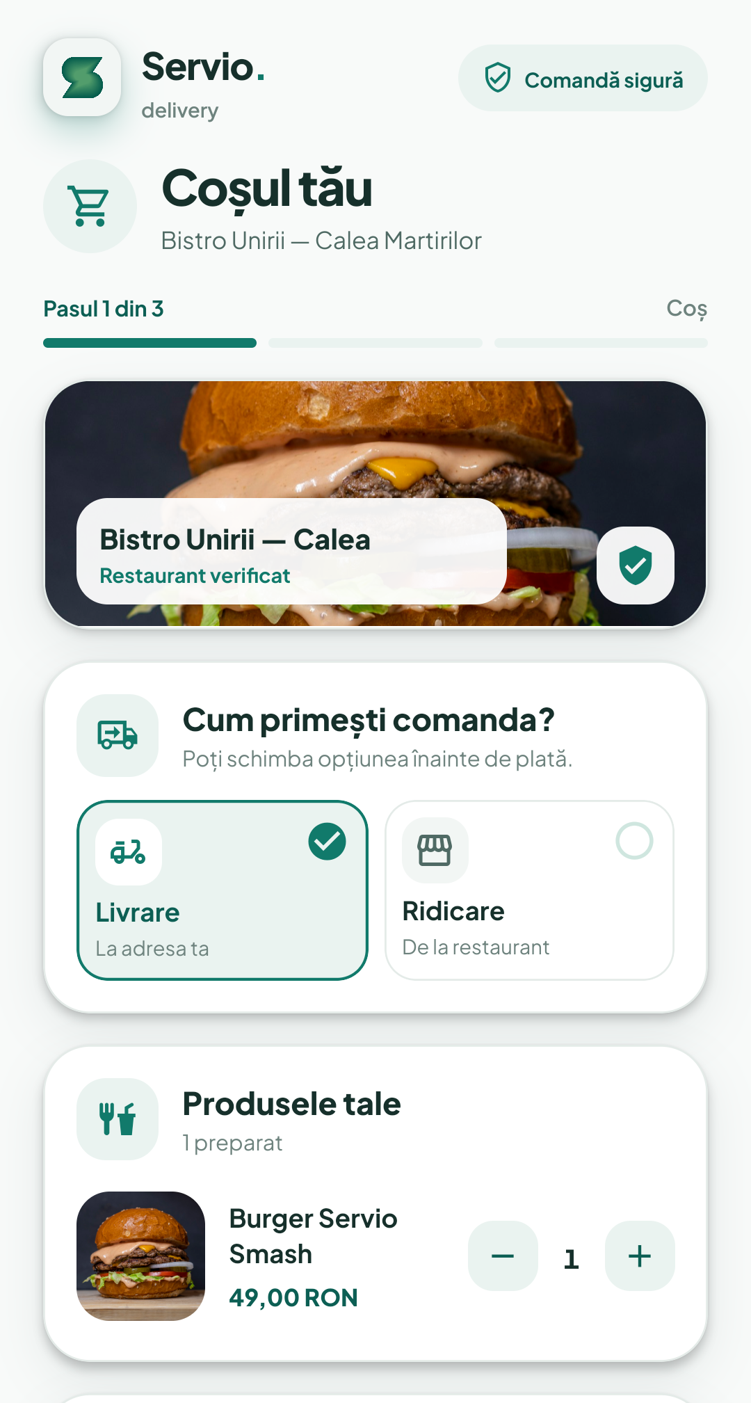 Coșul real din aplicația Servio pentru clienți