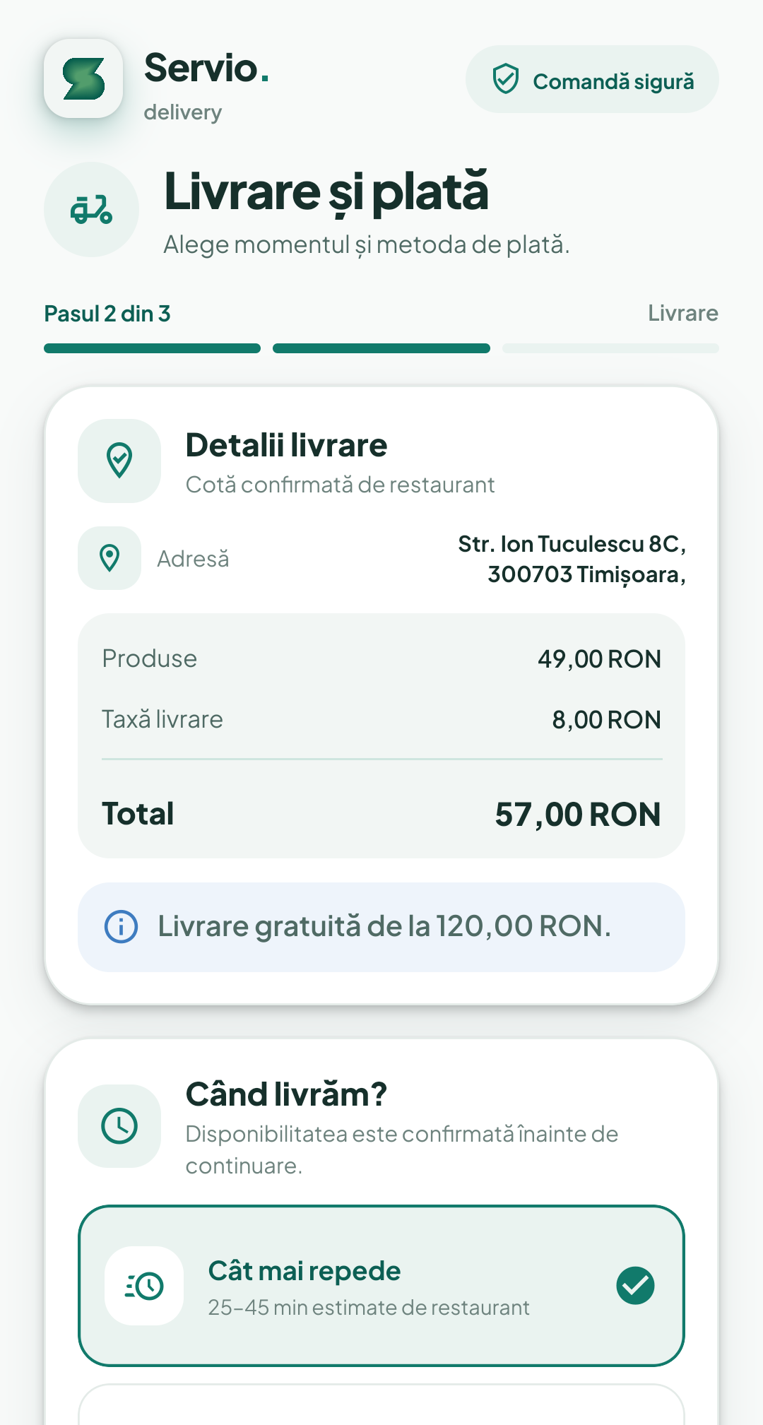 Ecranul real de livrare și plată din aplicația Servio pentru clienți