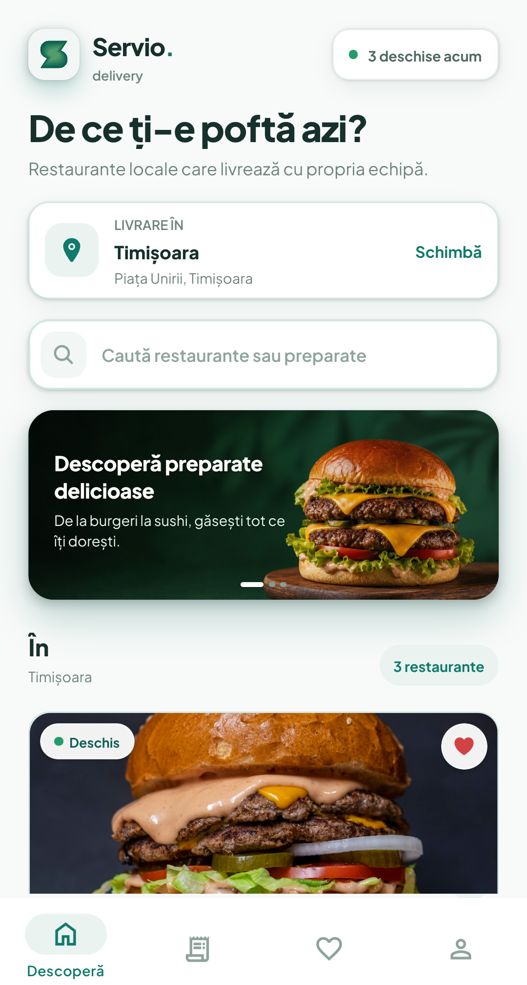 Ecranul real Descoperă din aplicația Servio pentru clienți