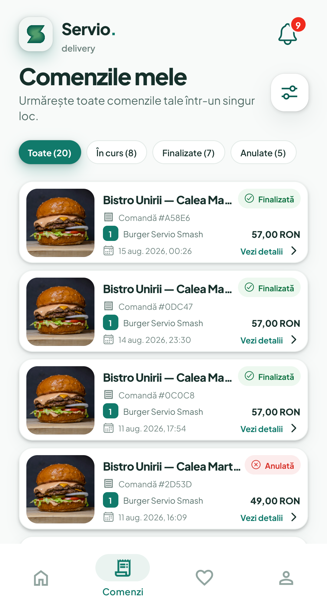 Ecranul real Comenzi din aplicația Servio pentru clienți