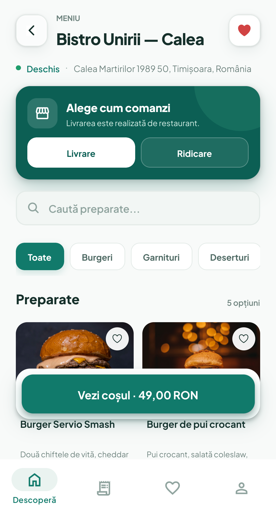 Ecranul real al restaurantului din aplicația Servio pentru clienți